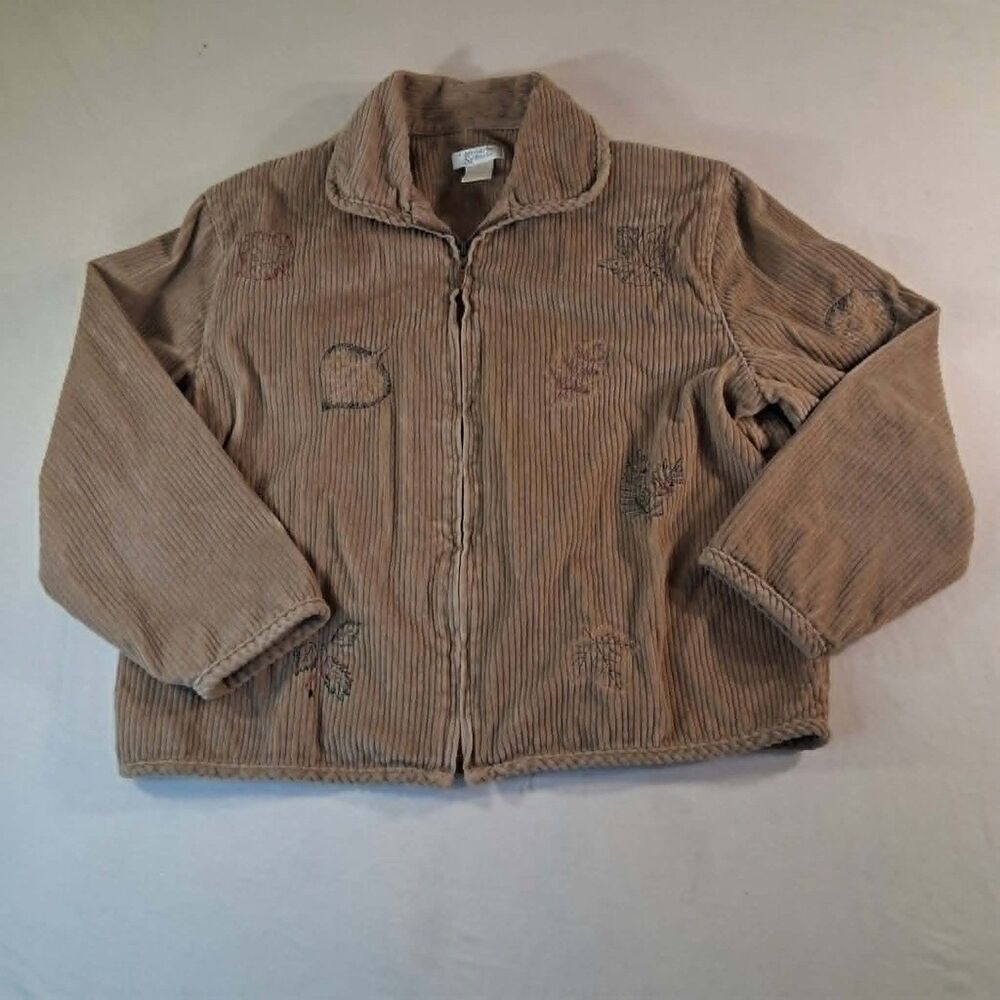 Vintage Christopher Banks Corduroy Jacket M Tan Embroidered Leaves Full Zip